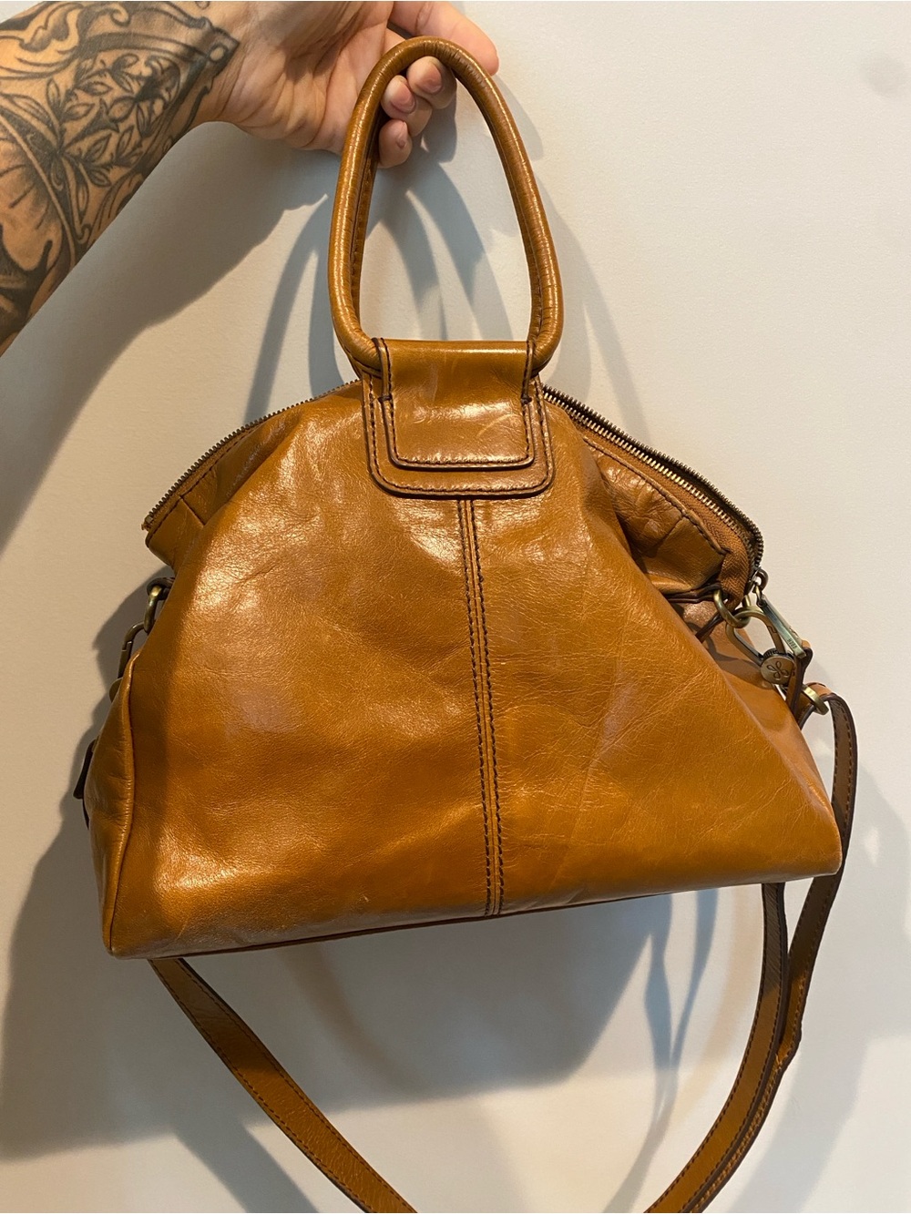 HOBO Cognac Leather Satchel w/Crossbody Strap and Handles